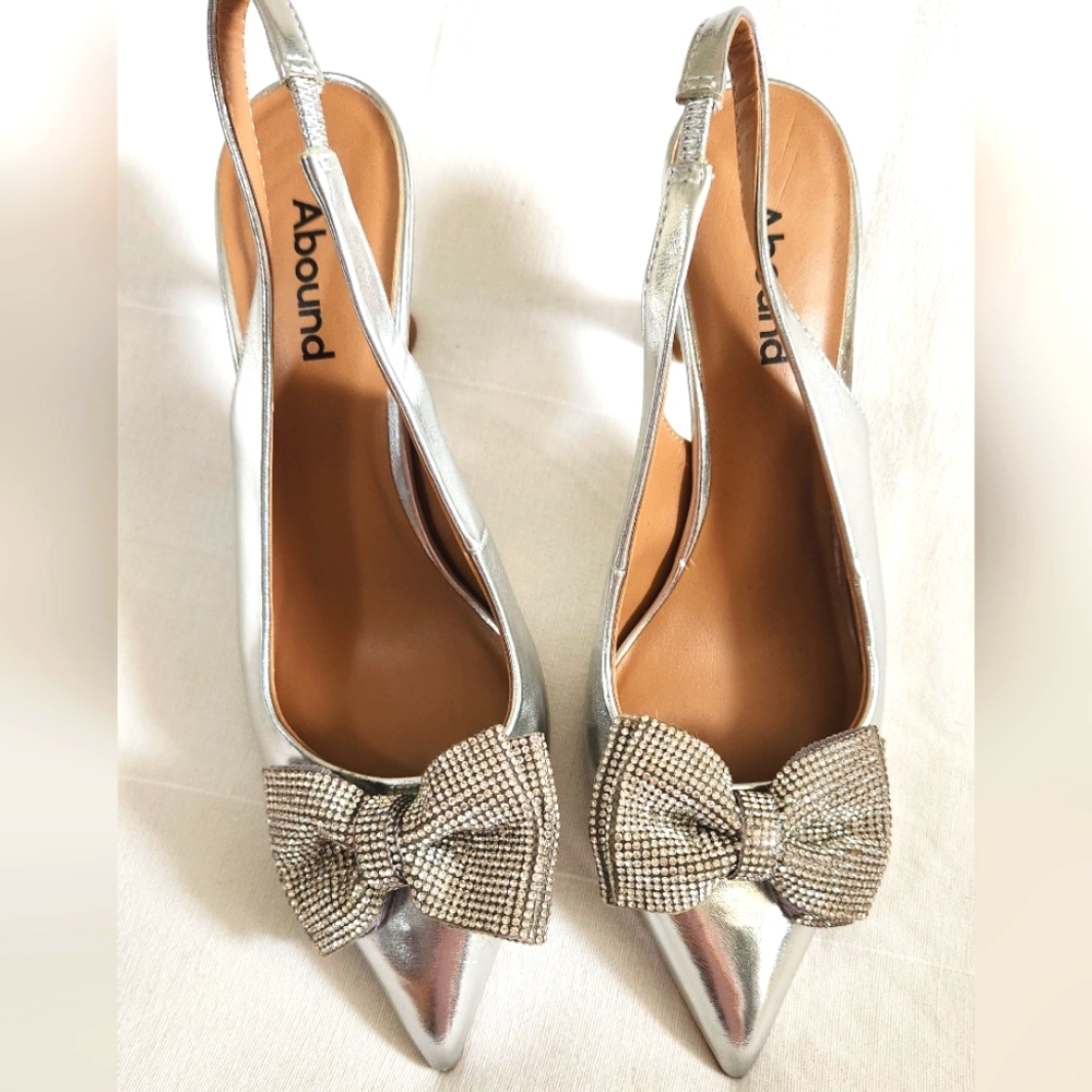 Abound Silver Slingback Heels with Bow Kitten Heels